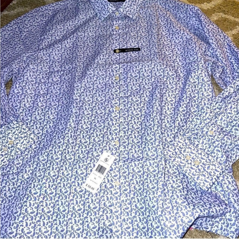 Adrienne Vittadini Blue and White Paisley Shirt - XL, Wrinkle Free, Slim-Fit,NWT